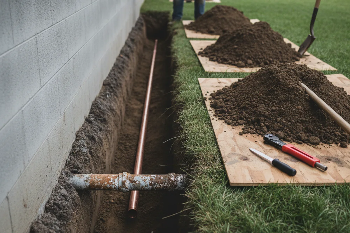 Excavated water line trench during Water Softener Installation in Maysville